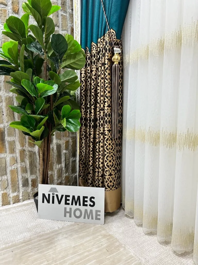 NİVEMESHOME VİNTAGE YEŞİL-GOLD V-901 1/3 SIK PİLELİ Занавеска APM