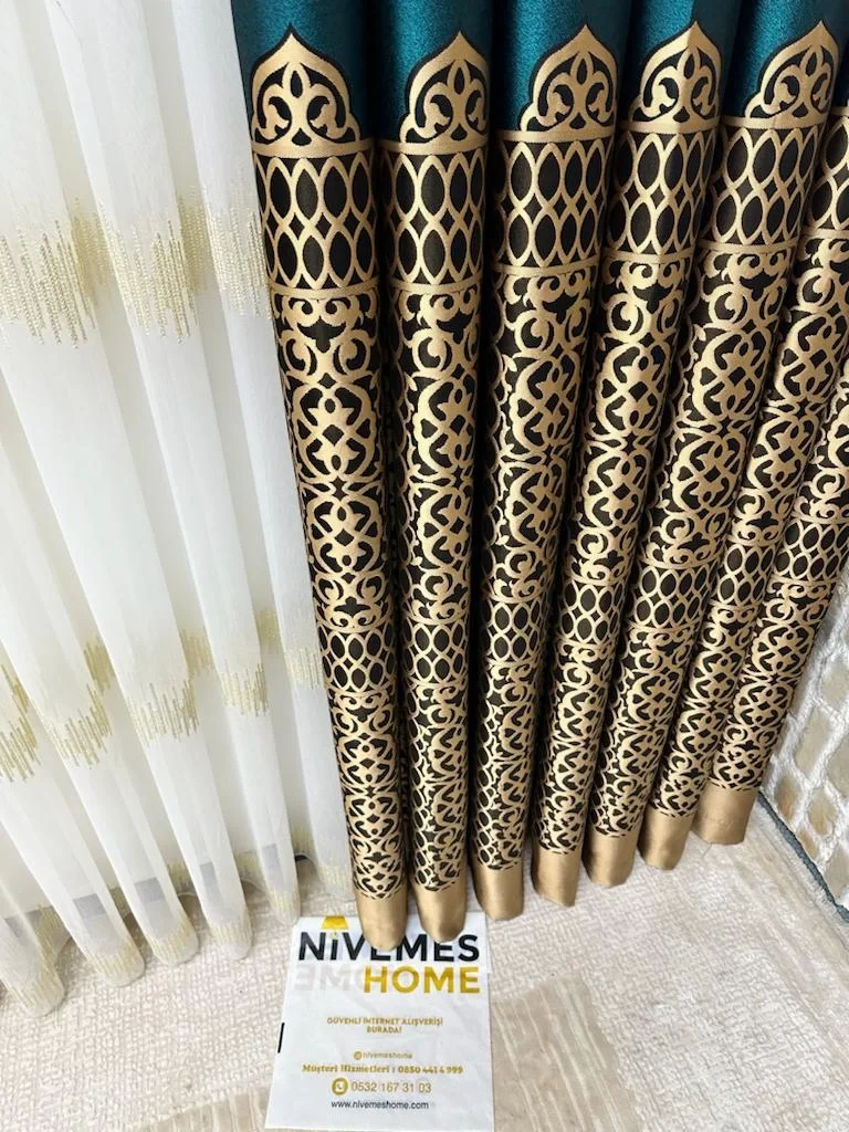 NİVEMESHOME VİNTAGE YEŞİL-GOLD V-901 1/3 SIK PİLELİ Занавеска APM