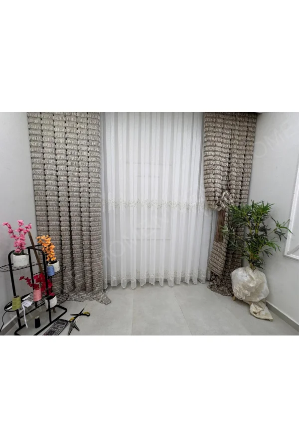 NIVEMESHOME 2572 V- 117 HERA GOLD 1/3 PILELI BAMBU TÜL PERDE