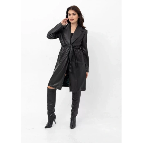 Elisabeth Renkli Astarlı Siyah Deri Trençkot