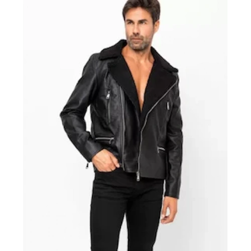 Erkek Siyah Kürk Detaylı Deri Ceket