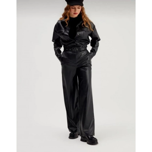 Kadın Bol Paça Siyah Deri Pantolon