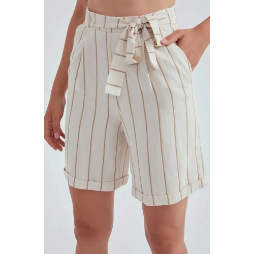 Kadın Keten Bej Çizgili Şort