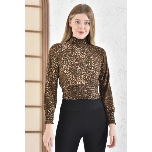 Kadın Leopar Desenli Süet Bluz