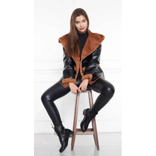 Kadın Şal Yaka Kapüşonlu Kahverengi Kürklü Siyah Kaban