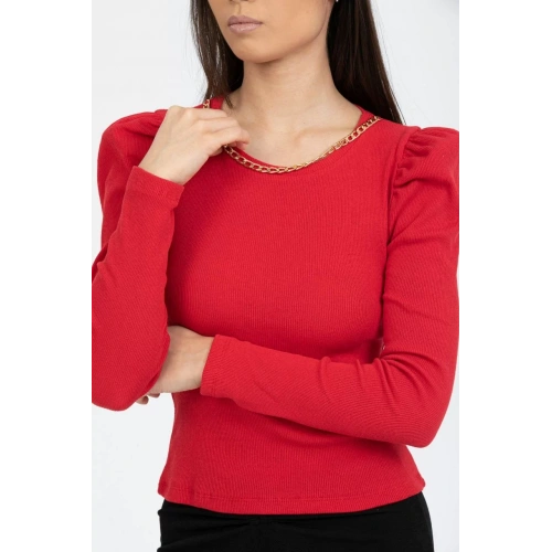 Kadın Zincir Aksesuarlı Kırmızı Triko Kazak