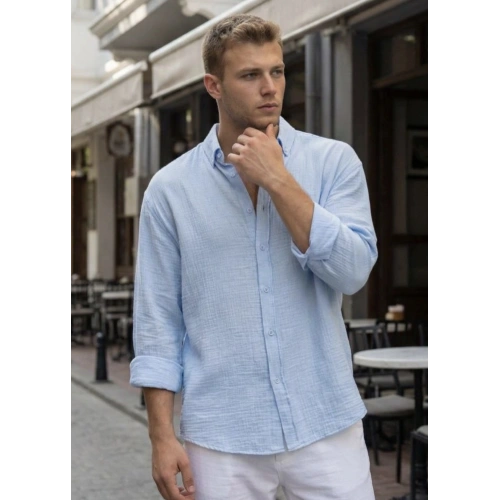 Erkek Açık Mavi Keten Gömlek