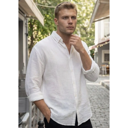 Erkek Beyaz Keten Gömlek