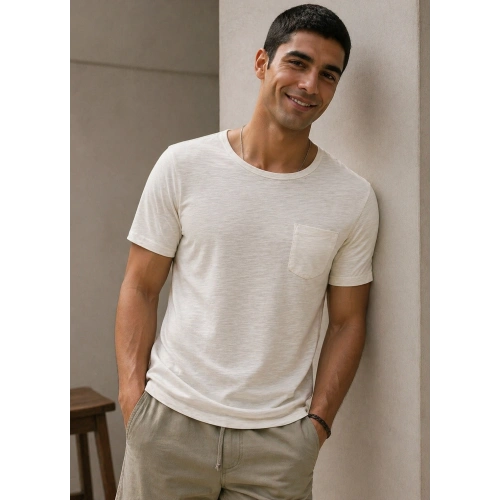 Erkek Basic Yuvarlak Yaka Kırık Beyaz Tshirt