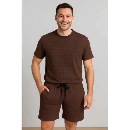Erkek Kahverengi Tshırt & Şort  Triko Takım