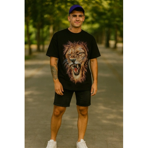 Erkek Aslan Baskılı T-shirt