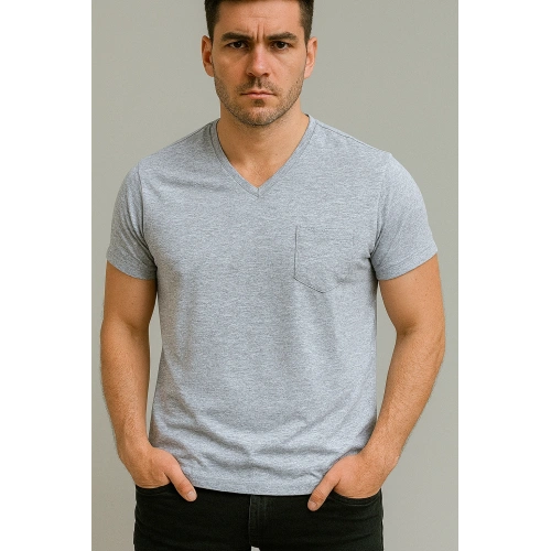 Erkek Basic V Yaka Açık Gri Tshirt