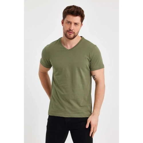 Erkek Basic V Yaka Haki Yeşil Tshirt