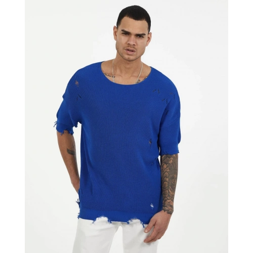 Erkek Saks Mavi Oversıze Triko T-shirt