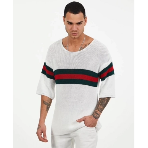 Erkek Beyaz Yeşil-Kırmızı Çizgili Triko T-shirt