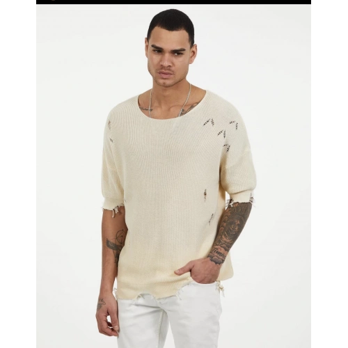 Erkek Krem Oversıze Triko T-shirt