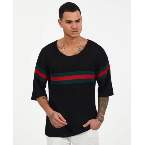 Erkek Siyah Yeşil-Kırmızı Çizgili Triko T-shirt