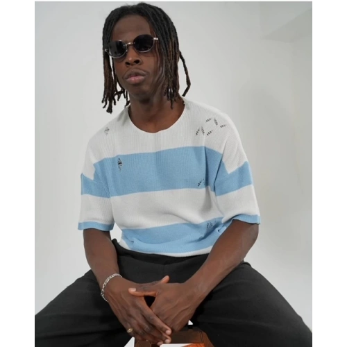 Erkek Beyaz -Mavi Çizgili Triko T-shirt