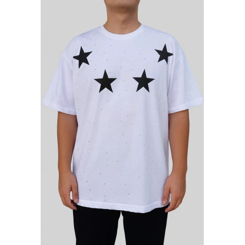 Erkek Beyaz Yıldız Detaylı Tshırt