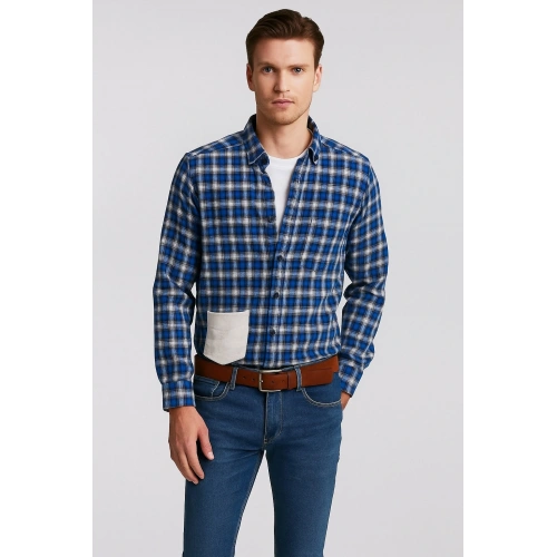 Erkek Cep Detaylı Mavi Ekose Gömlek