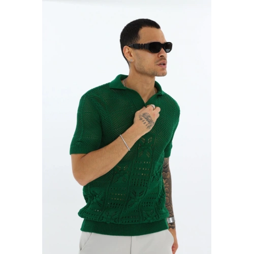 Erkek Yeşil Desenli Triko T-shirt