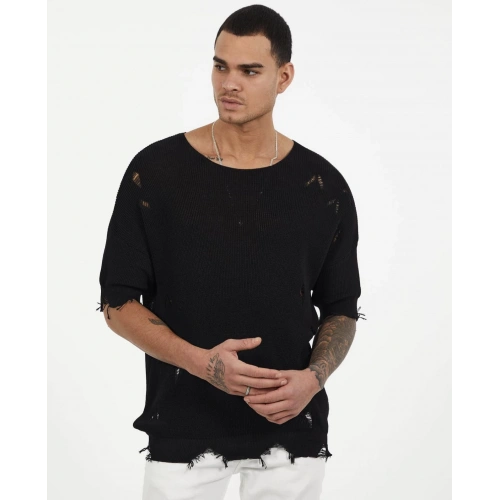 Erkek Siyah Oversıze Triko T-shirt