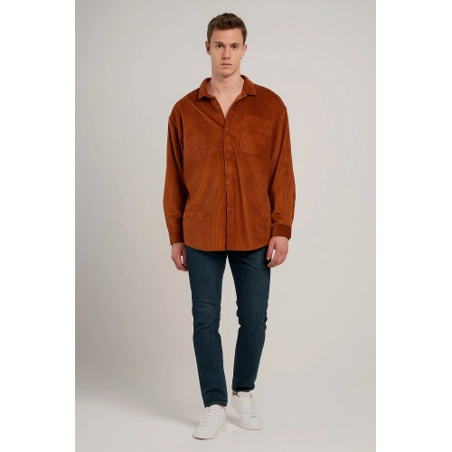 Erkek Kiremit Rengi Kadife Gömlek