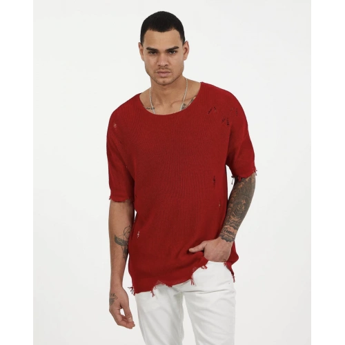 Erkek Kırmızı Oversıze Triko T-shirt