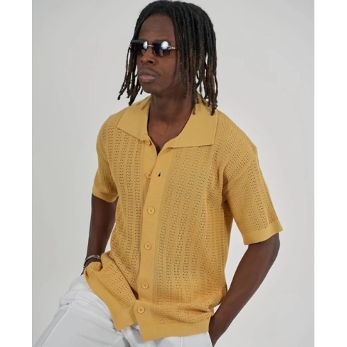 Erkek Hardal Sarı Düğmeli Triko T-shirt