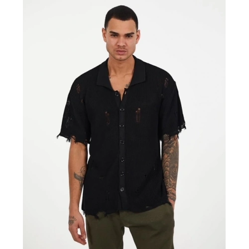 Erkek Siyah Düğmeli Triko T-shirt