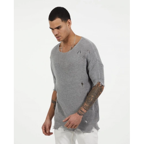 Erkek Gri Oversıze Triko T-shirt