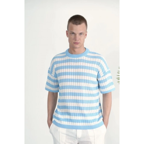 Erkek Mavi-Beyaz Çizgili Triko T-shirt