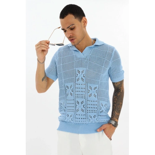 Erkek Mavi Desenli Triko T-shirt