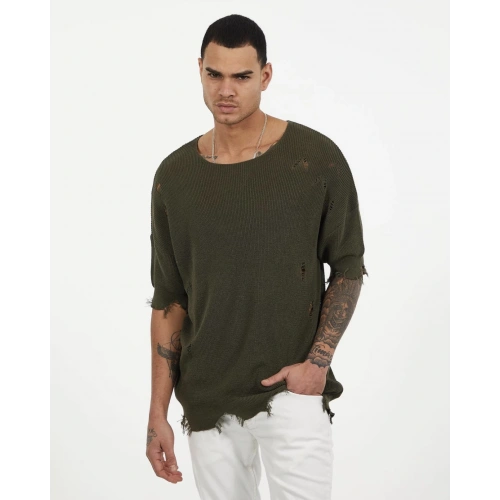 Erkek Haki Oversıze Triko T-shirt