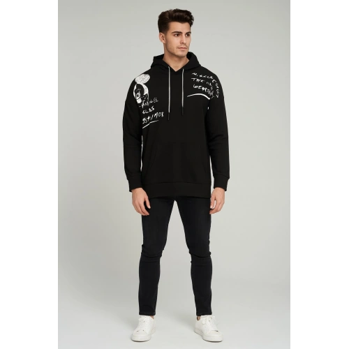 Erkek Siyah Baskılı kapüşonlu  Sweat
