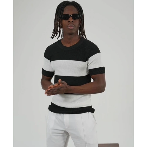 Erkek Siyah-Beyaz Bisiklet Yaka Triko T-shirt