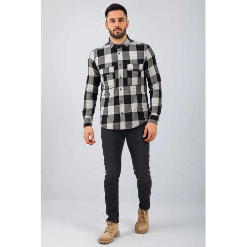 Erkek Siyah-Beyaz Kareli Cep Detaylı Gömlek