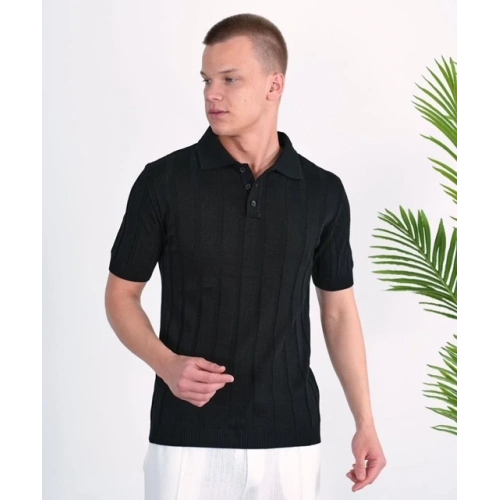 Erkek Siyah Düğmeli Yakalı Triko T-shirt
