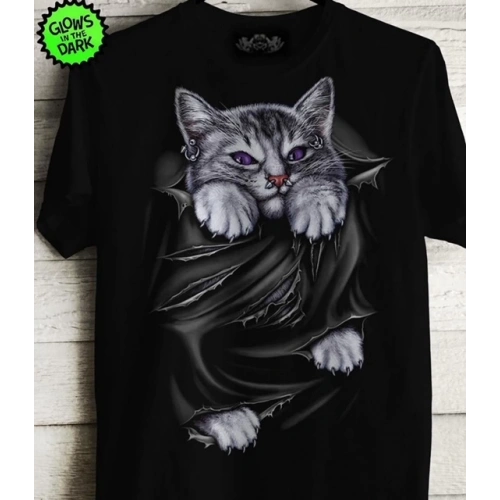 Erkek Siyah Kedi Baskılı T-shirt
