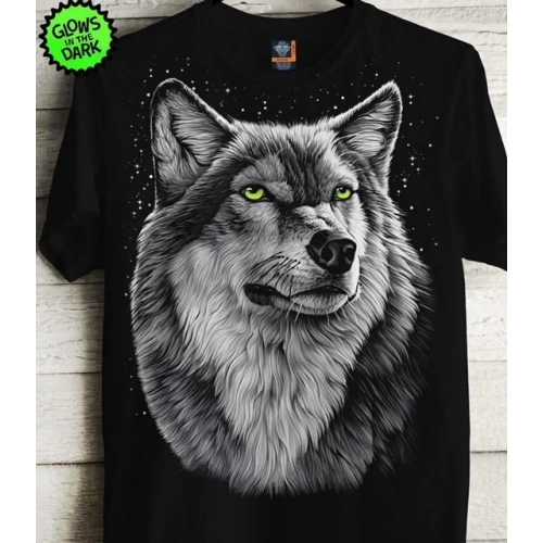 Erkek Siyah Kurt Baskılı T-shirt