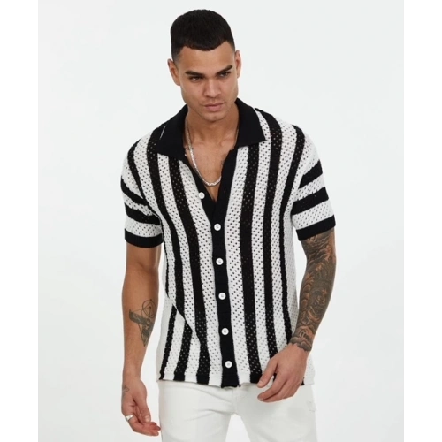 Erkek Siyah-Beyaz Düğmeli Triko T-shirt