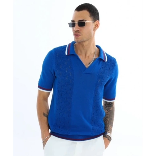 Erkek Saks Mavi Desenli Triko T-shirt