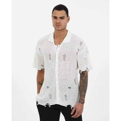 ErkekBeyaz Düğmeli Triko T-shirt