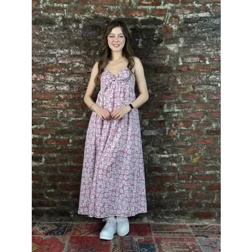 Kadın Pembe Çiçekli Uzun Elbise