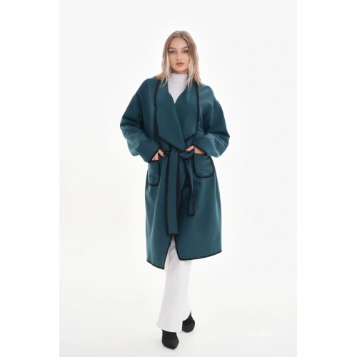 Kadın Petrol Mavisi Kuşaklı Kaşe Kaban