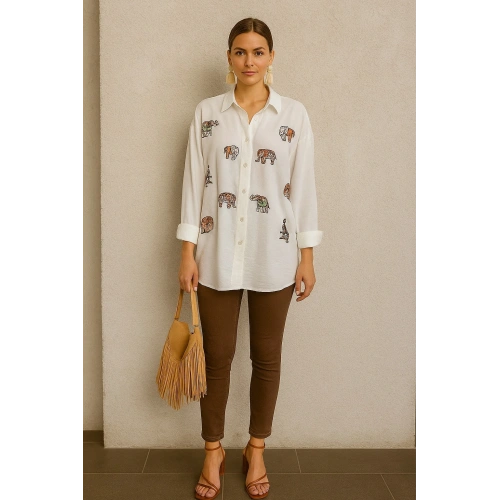 Kadın Beyaz Fil İşlemeli Gömlek