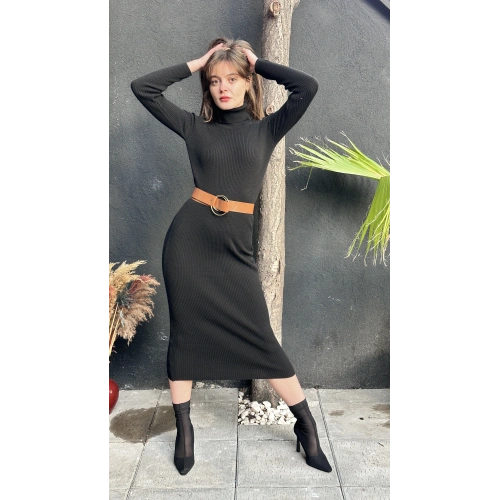 Kadın Boğazlı Siyah Uzun Triko Elbise