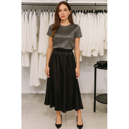 Kadın Siyah Saten Uzun Etek