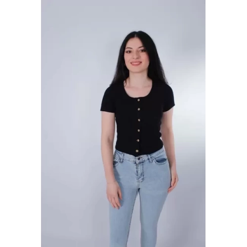 Kadın Düğme Detaylı Kısa Kollu Siyah Triko T-shirt