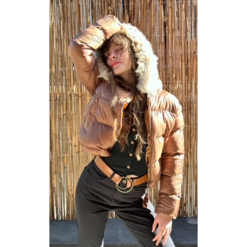 Kadın Kahverengi Kapşonlu Şişme Mont